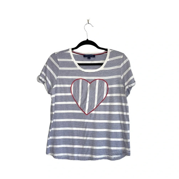 Tommy Hilfiger White & Blue Striped Embroidered Heart Front Tee Medium Women’s - Picture 1 of 11